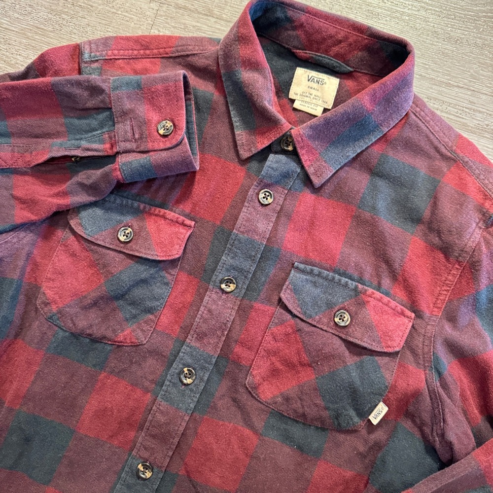 Vans Flannel Shirt Mens Small Red Blue Buffalo Plaid Cotton Skate Flannel Casual
